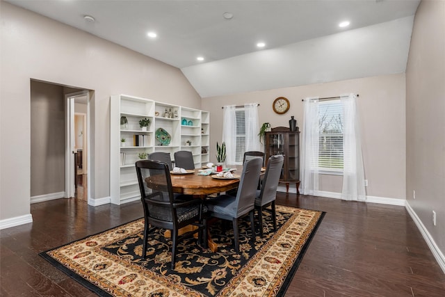 515 Meadow Dr, Lowry Crossing, TX 75069 - dining area with vaulted ceiling, baseboards, dark wood-style flooring, and recessed lighting