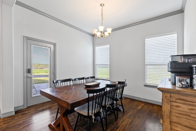 dining room with crown molding, baseboards, a chandelier, and dark wood-type flooring