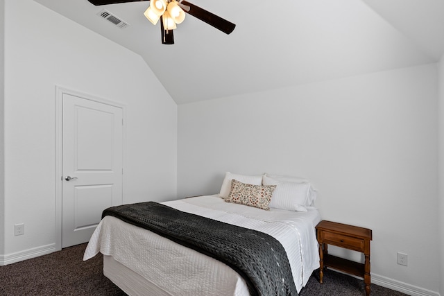 carpeted bedroom with baseboards, visible vents, ceiling fan, and lofted ceiling