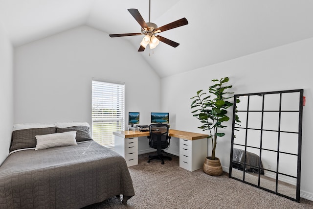 carpeted bedroom with a ceiling fan, high vaulted ceiling, and baseboards