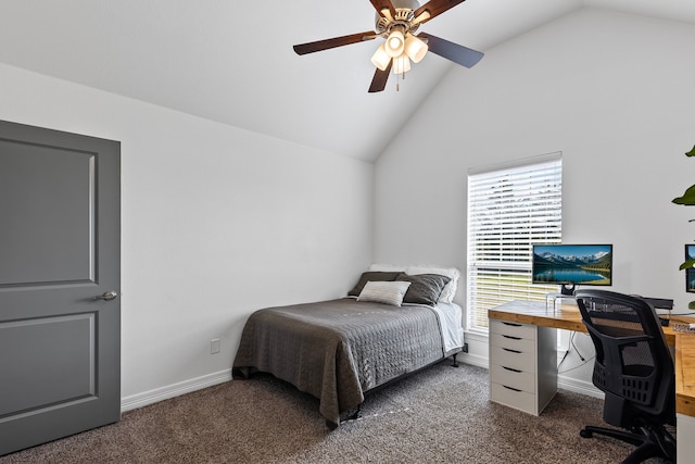 carpeted bedroom featuring baseboards, ceiling fan, and vaulted ceiling