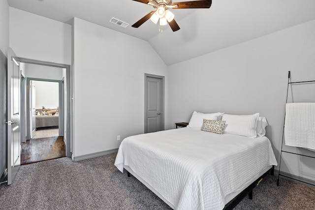 bedroom with visible vents, carpet, baseboards, a ceiling fan, and lofted ceiling
