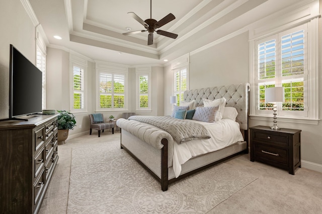 bedroom featuring baseboards, recessed lighting, crown molding, and light carpet