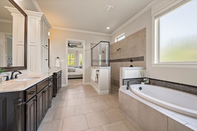 ensuite bathroom with ceiling fan, a bath, a walk in shower, vanity, and ensuite bathroom