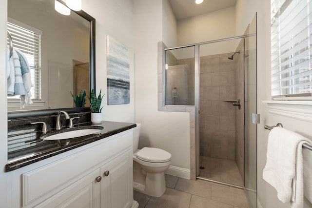 full bathroom with vanity, a shower stall, and toilet