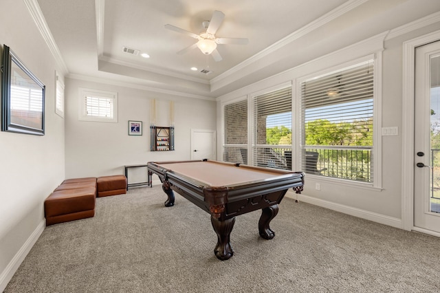 game room with ceiling fan, a raised ceiling, carpet floors, billiards, and visible vents