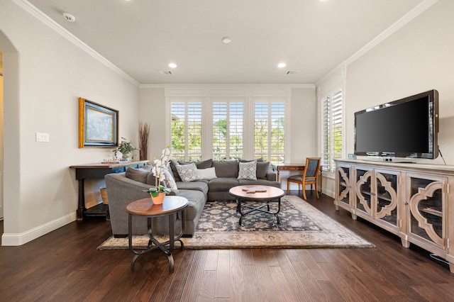 living area with crown molding, baseboards, recessed lighting, and wood finished floors