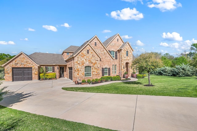 view of front of home featuring a front yard, a garage, brick siding, concrete driveway, and stone siding