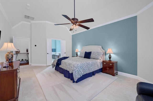 4994 Dogwood Dr, Celina, TX 75009 - bedroom with lofted ceiling, ornamental molding, ensuite bath, and ceiling fan