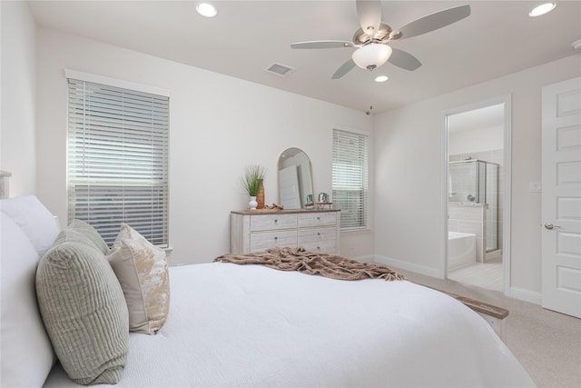564 Embargo Dr, Fate, TX 75189 - bedroom with carpet flooring, ensuite bathroom, baseboards, visible vents, and recessed lighting