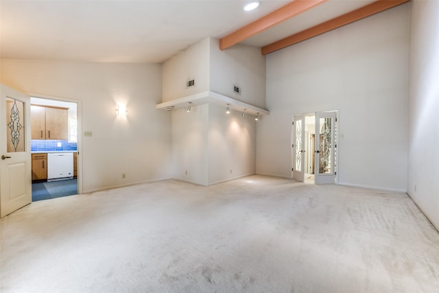 unfurnished living room featuring beamed ceiling, high vaulted ceiling, light carpet, and visible vents