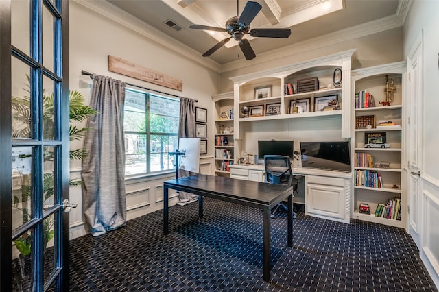 7201 Millard Pond Dr, Mckinney, TX 75071 - office space featuring dark colored carpet, ceiling fan, ornamental molding, a decorative wall, and a wainscoted wall