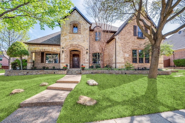 7201 Millard Pond Dr, Mckinney, TX 75071 - french country inspired facade featuring brick siding, a front lawn, and roof with shingles
