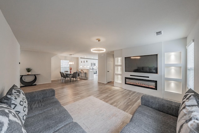 14077 Gaskin St, Pilot Point, TX 76258 - living room featuring light wood-style flooring and a glass covered fireplace