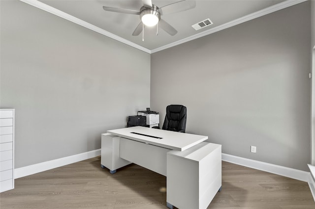 160 Pioneer Ct, Royse City, TX 75189 - office area featuring crown molding, a ceiling fan, baseboards, and light wood finished floors