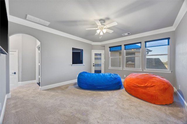 160 Pioneer Ct, Royse City, TX 75189 - sitting room with a ceiling fan, ornamental molding, arched walkways, baseboards, and carpet