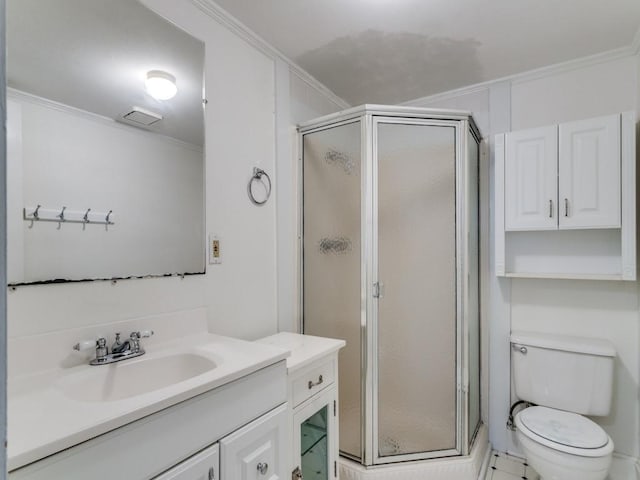 bathroom featuring a shower stall, toilet, vanity, and ornamental molding