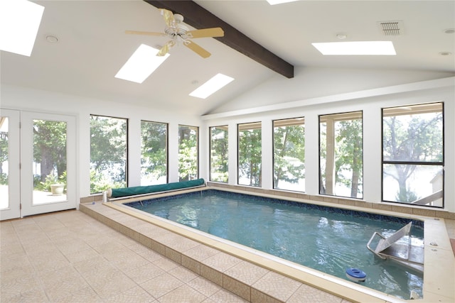 view of pool with a skylight and ceiling fan