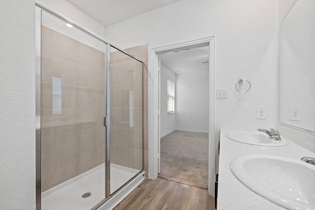 14828 Devils Claw Trl, Fort Worth, TX 76052 - bathroom with a shower stall, wood finished floors, and double vanity