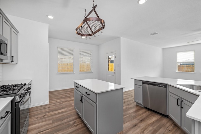 14828 Devils Claw Trl, Fort Worth, TX 76052 - kitchen with stainless steel appliances, gray cabinets, dark wood-style flooring, and recessed lighting