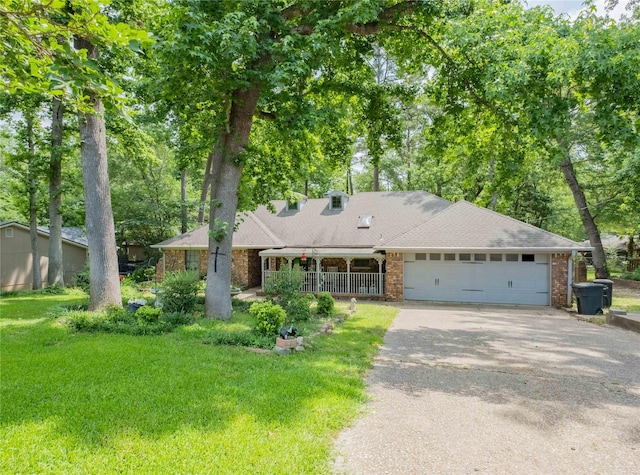 1511 Dolly Ln, Hideaway, TX 75771 - view of front of property with driveway, an attached garage, brick siding, a porch, and a front lawn