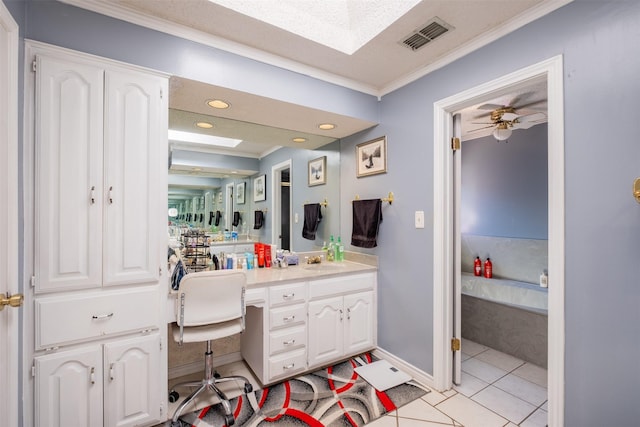 1511 Dolly Ln, Hideaway, TX 75771 - bathroom with vanity, crown molding, tile patterned flooring, a skylight, and recessed lighting