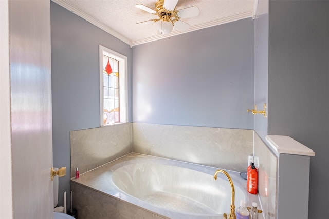 1511 Dolly Ln, Hideaway, TX 75771 - bathroom featuring a bath, crown molding, a ceiling fan, and a textured ceiling