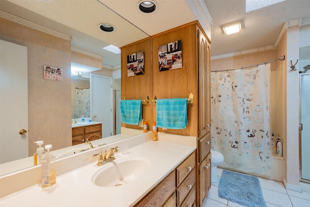 1511 Dolly Ln, Hideaway, TX 75771 - bathroom featuring toilet, tile patterned flooring, curtained shower, vanity, and crown molding
