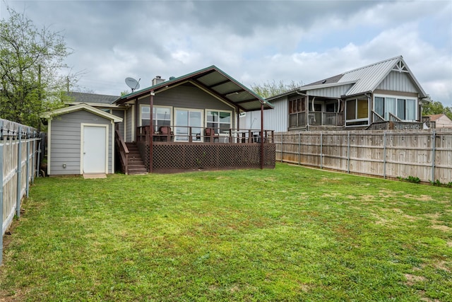 6827 Briar Rd, Azle, TX 76020 - back of property with stairway, a deck, an outdoor structure, and a storage shed