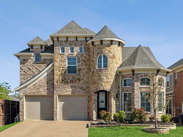 3909 Shrike Trl, Fort Worth, TX 76262 - french country home with concrete driveway, brick siding, roof with shingles, an attached garage, and stone siding