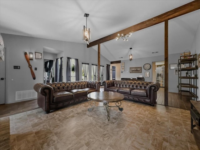 living room with visible vents and lofted ceiling with beams