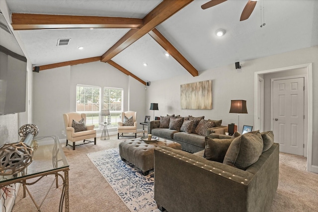 living area featuring visible vents, a ceiling fan, light carpet, and lofted ceiling with beams