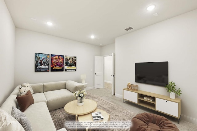 living room with light carpet, baseboards, and recessed lighting