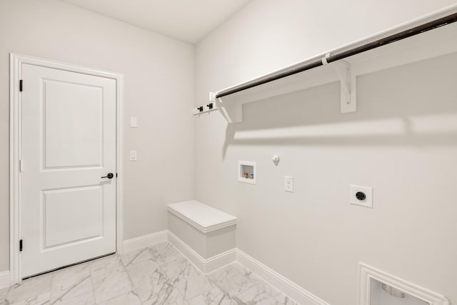 laundry room featuring hookup for a gas dryer, hookup for an electric dryer, light marble finish flooring, baseboards, and hookup for a washing machine