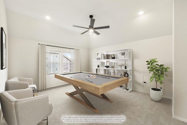 recreation room featuring ceiling fan, carpet floors, billiards, vaulted ceiling, and baseboards