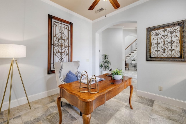 1121 Crystal Falls Dr, Prosper, TX 75078 - office space with ornamental molding, arched walkways, ceiling fan, baseboards, and stone finish flooring