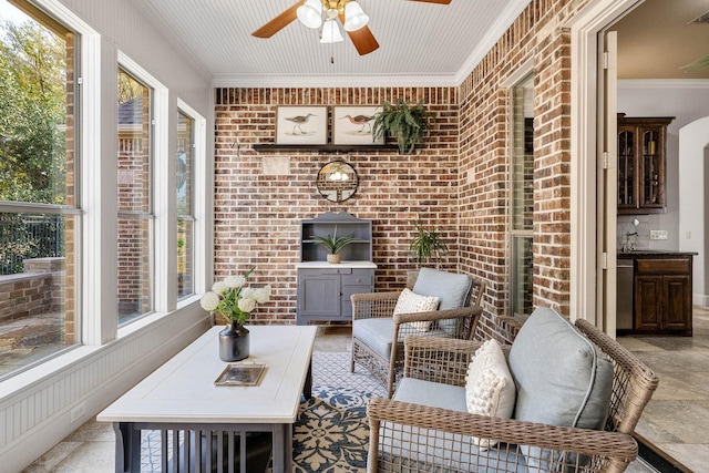 1121 Crystal Falls Dr, Prosper, TX 75078 - sunroom / solarium with ceiling fan, brick wall, a sink, and an outdoor hangout area