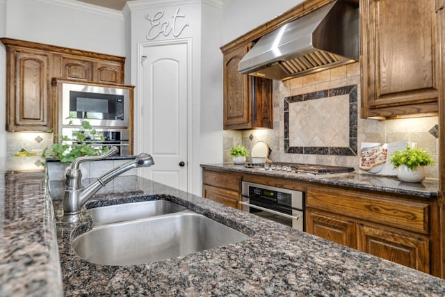 1121 Crystal Falls Dr, Prosper, TX 75078 - kitchen with wall chimney range hood, stainless steel appliances, a sink, ornamental molding, and tasteful backsplash