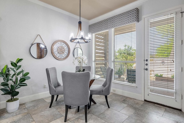 1121 Crystal Falls Dr, Prosper, TX 75078 - dining room with baseboards, crown molding, stone tile flooring, a chandelier, and plenty of natural light