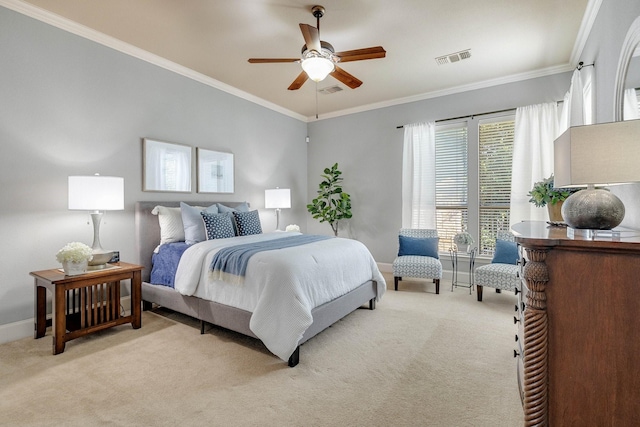 1121 Crystal Falls Dr, Prosper, TX 75078 - bedroom featuring light colored carpet, crown molding, baseboards, and a ceiling fan