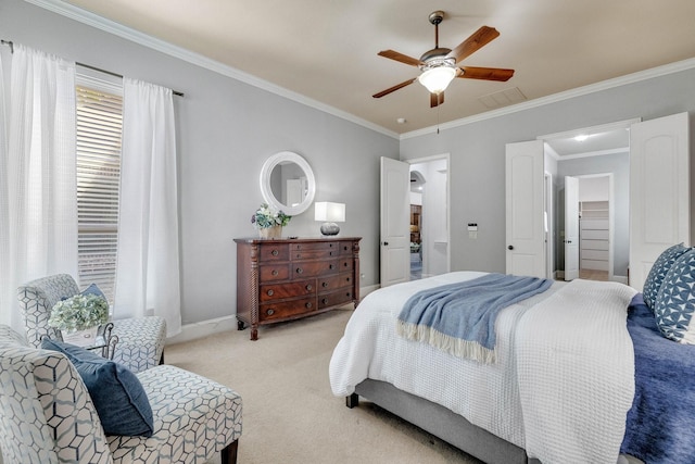 1121 Crystal Falls Dr, Prosper, TX 75078 - bedroom with light colored carpet, ornamental molding, baseboards, and ceiling fan