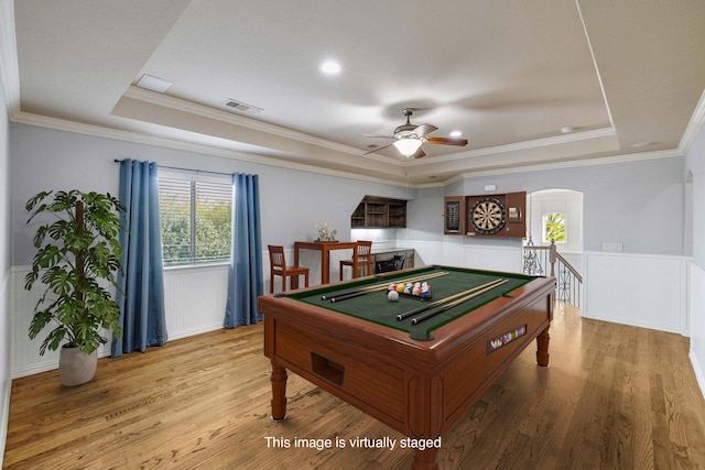 1121 Crystal Falls Dr, Prosper, TX 75078 - rec room with a raised ceiling, billiards table, a ceiling fan, wood finished floors, and wainscoting