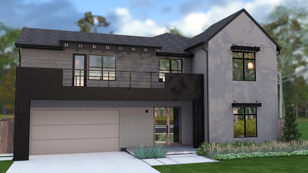view of front facade with a balcony, concrete driveway, brick siding, and an attached garage