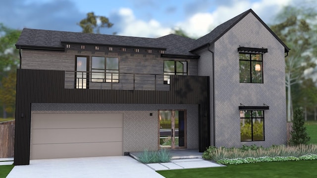 view of front facade with a balcony, concrete driveway, brick siding, and an attached garage