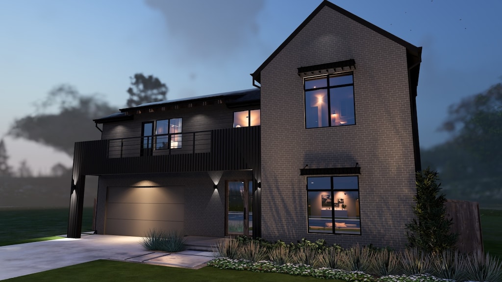 modern home with a balcony, a garage, brick siding, and concrete driveway