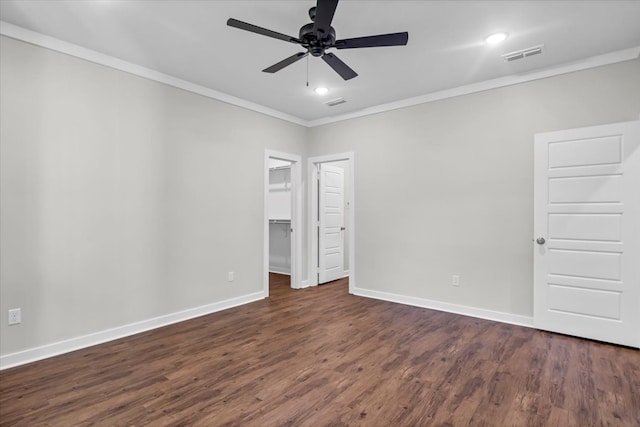 2377 Ridgley Dr, Flint, TX 75762 - unfurnished bedroom with crown molding, dark wood-style flooring, baseboards, recessed lighting, and a ceiling fan