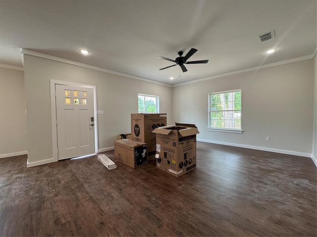 interior space featuring plenty of natural light, ornamental molding, and dark wood-style floors