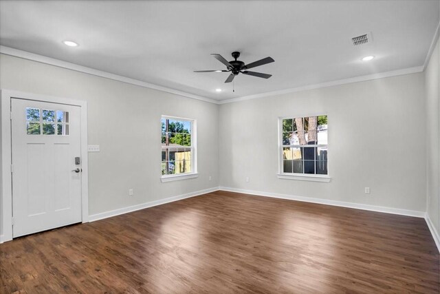 2377 Ridgley Dr, Flint, TX 75762 - entryway featuring crown molding, dark wood-type flooring, a ceiling fan, baseboards, and recessed lighting