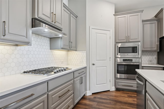 1909 Old Charm Trl, Wylie, TX 75098 - kitchen with under cabinet range hood, gray cabinetry, light countertops, and stainless steel appliances
