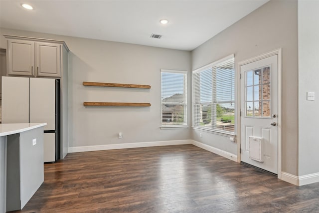 1909 Old Charm Trl, Wylie, TX 75098 - kitchen featuring freestanding refrigerator, gray cabinets, visible vents, light countertops, and recessed lighting